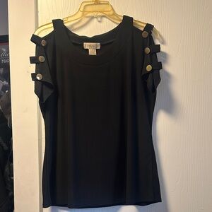 Women’s Black Cold-Shoulder Tank with Gold Button Strap Detail